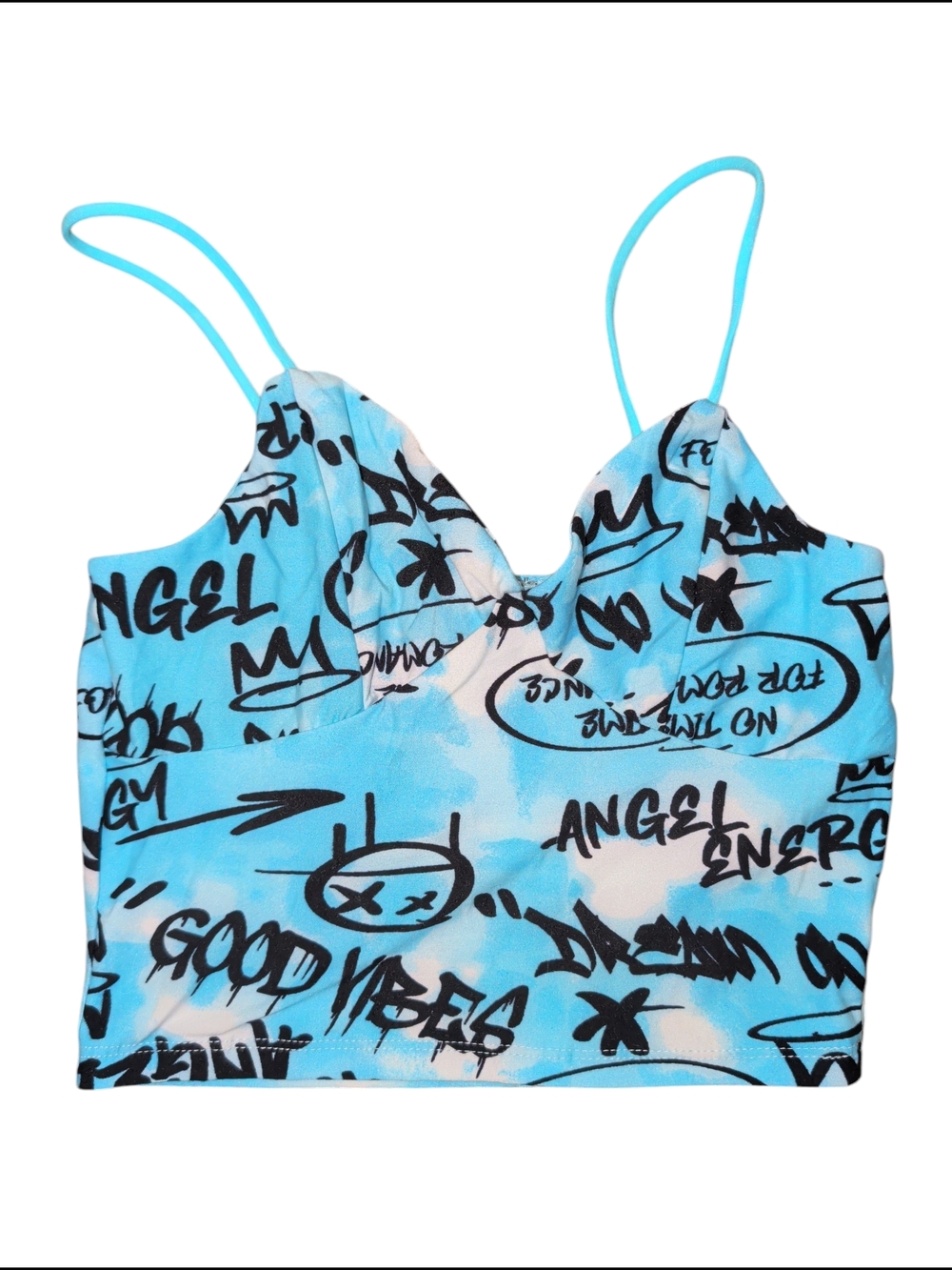 Graffiti Print Blue Tie-Dye Crop Tank Top (#C1030)